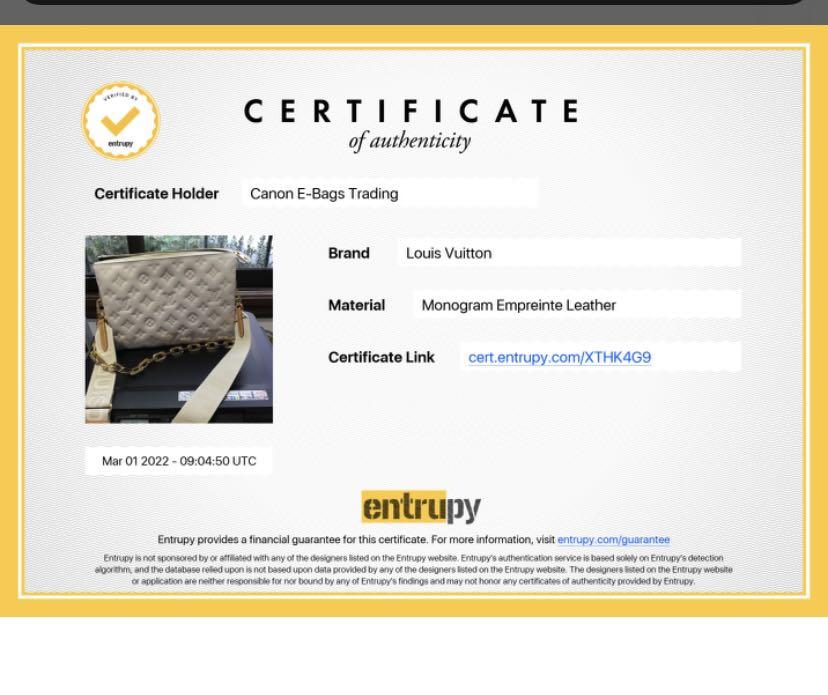 Louis Vuitton Monogram Embossed Puffy Lambskin Coussin PM Creme Handbag.  Made in Italy. Microchip. With Certificate of Authentication from ENTRUPY.,  Luxury, Bags & Wallets on Carousell