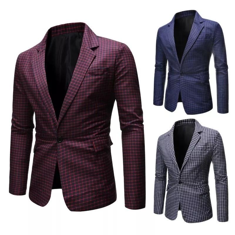 Men Blazer checkered jacket suit jacket maroon blue grey casual