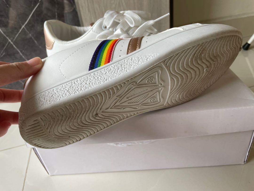 white shoes with rainbow stripes