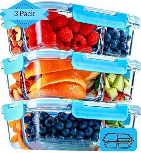 Glass Meal Prep Containers 3 Compartment (950 ML) - Glass Lunch Box with  Lid