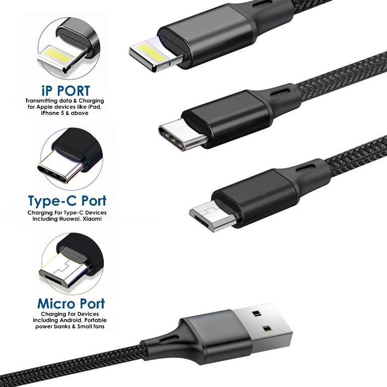 3 in 1 Multi-Function Cellphone Charger Cord (Category: Chargers & Cables) located in Pasig City. Submitted by mr.reebox (Listing ID 1150645503, Image 2). Description: USB Charging Cable Universal 3 in 1 Multi-Function Cellphone Charger Cord Feature: • 100% Brand New and high-quality • 3-in-1 USB port design: micro USB, type-c, USB port for iPhones, which charges 3 different mobile phones at the same time. • No need to carry any other cables when