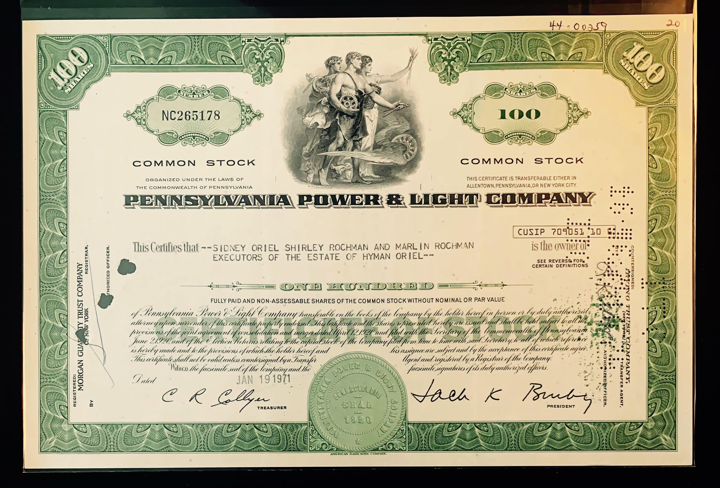 Stock certificate Scranton Electric Company 100 shares State of Pennsylvania 