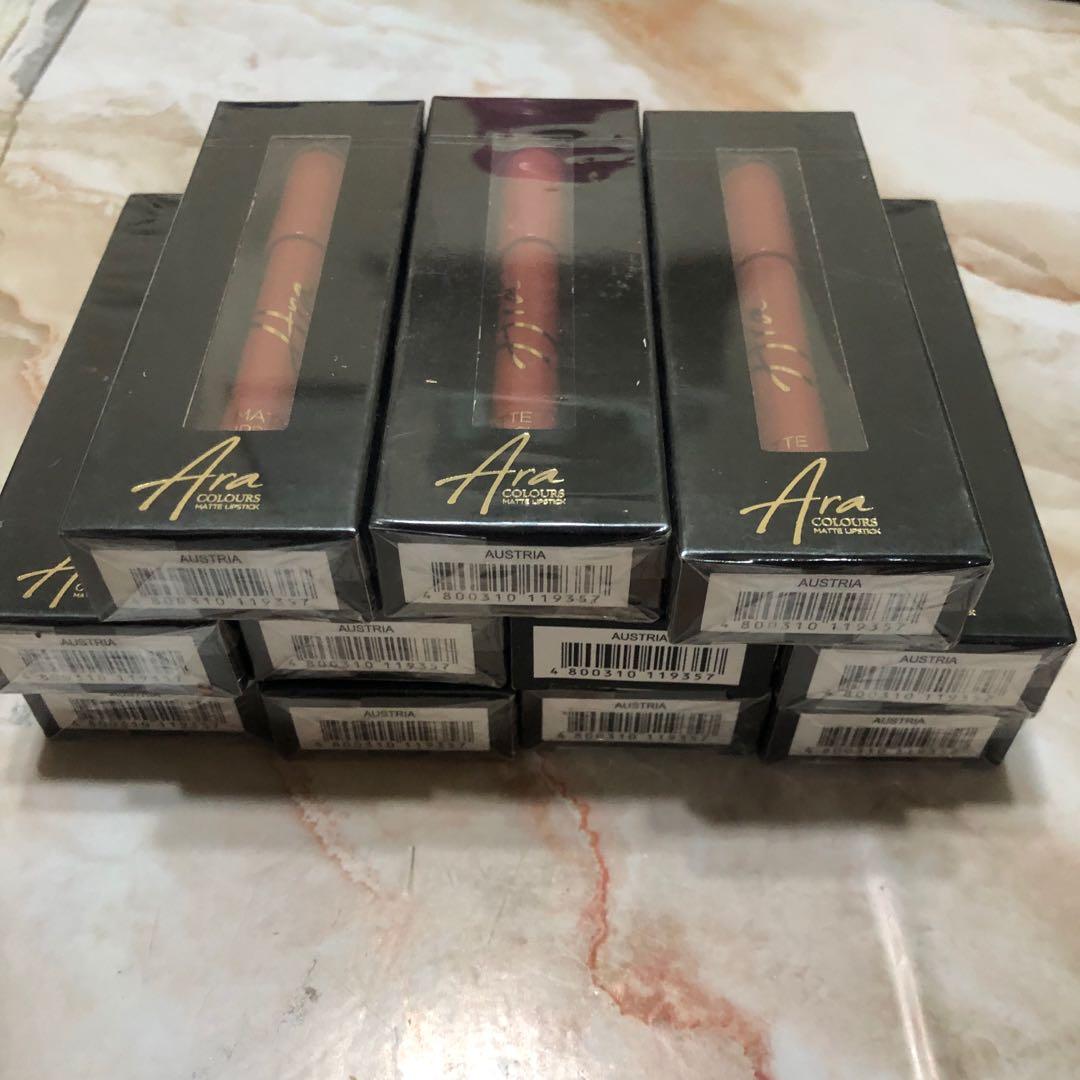 AUSTRIA Shade - Ara Colors Makeup Matte Lipstick (Category: Makeup) located in Manila. Submitted by itsqueen__ (Listing ID 1150673596, Image 1). Description: ❗️BRAND NEW ❗️ shade: AUSTRIA 11 PCS AVAILABLE 80 lp if 4pcs above .