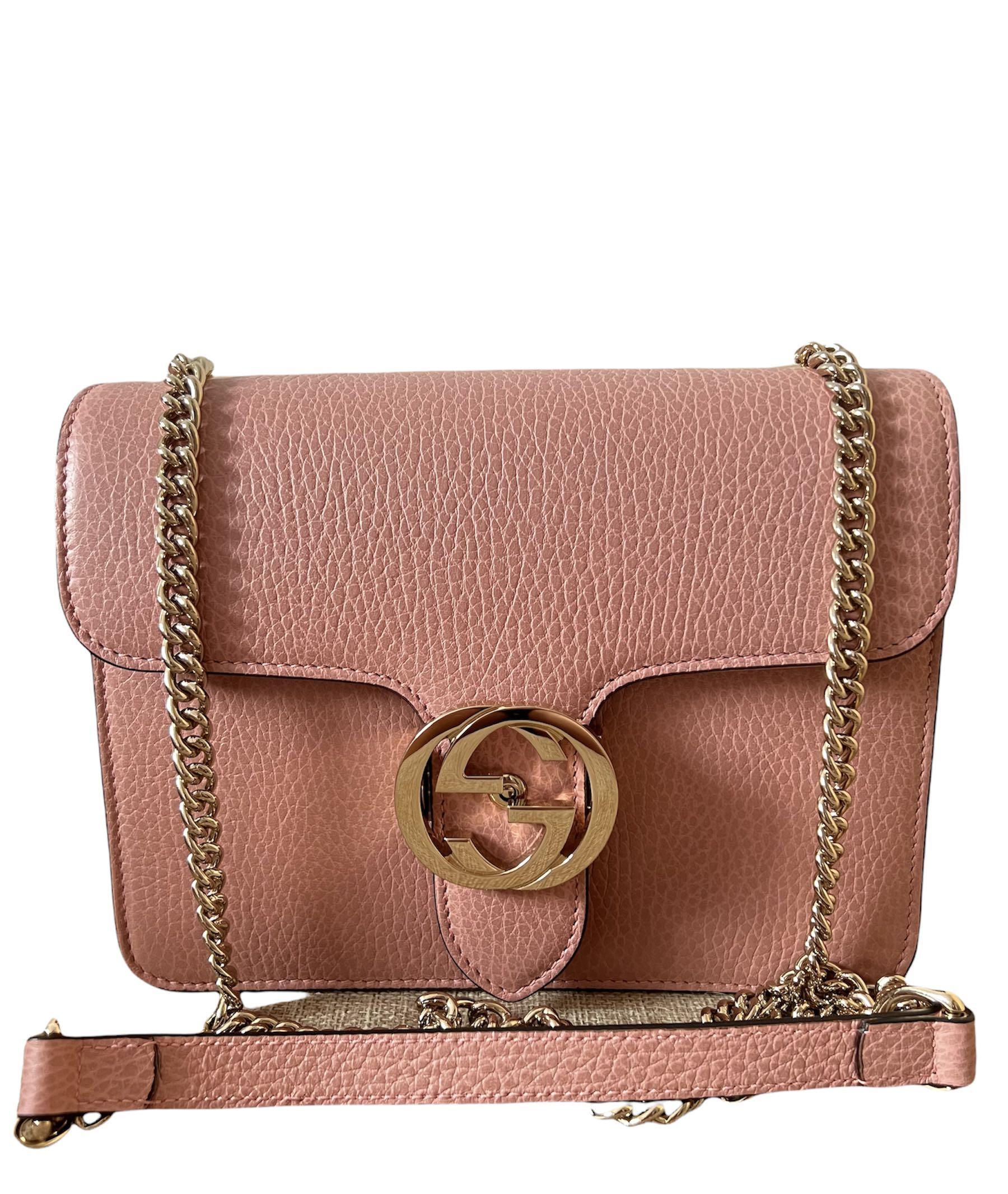NWT Gucci Interlocking GG Chain Pink Leather Cross Body large top handle Bag