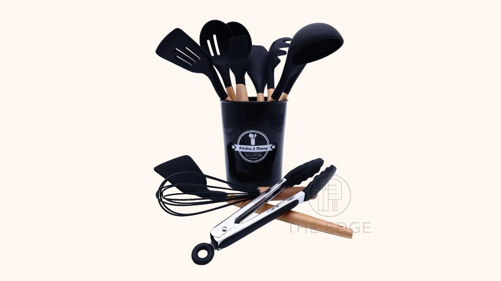 Kitchen Tool Set (Category: Cookware & Accessories) located in Pasig City. Submitted by kitchenstarincorporated (Listing ID 1150702793, Image 1). Description: Kitchen Tool Set Colors: Black, Pink. Teal, Mint Packaging Include: Slotted Spoon/Stirring Spoon/Flipper/Slotted Turner/Pasta Fork/Spatula/Scraper/Whisk/Tongs/Brush/Cooking Utensil Holder Features: Environmental protection, non-toxic, heat-resistant, non-stick, durable, safe, easy to clean 
