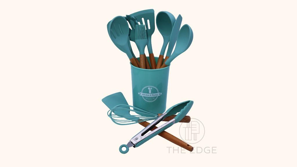 Kitchen Tool Set (Category: Cookware & Accessories) located in Pasig City. Submitted by kitchenstarincorporated (Listing ID 1150702793, Image 3). Description: Kitchen Tool Set Colors: Black, Pink. Teal, Mint Packaging Include: Slotted Spoon/Stirring Spoon/Flipper/Slotted Turner/Pasta Fork/Spatula/Scraper/Whisk/Tongs/Brush/Cooking Utensil Holder Features: Environmental protection, non-toxic, heat-resistant, non-stick, durable, safe, easy to clean 