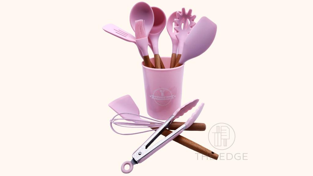 Kitchen Tool Set (Category: Cookware & Accessories) located in Pasig City. Submitted by kitchenstarincorporated (Listing ID 1150702793, Image 2). Description: Kitchen Tool Set Colors: Black, Pink. Teal, Mint Packaging Include: Slotted Spoon/Stirring Spoon/Flipper/Slotted Turner/Pasta Fork/Spatula/Scraper/Whisk/Tongs/Brush/Cooking Utensil Holder Features: Environmental protection, non-toxic, heat-resistant, non-stick, durable, safe, easy to clean 