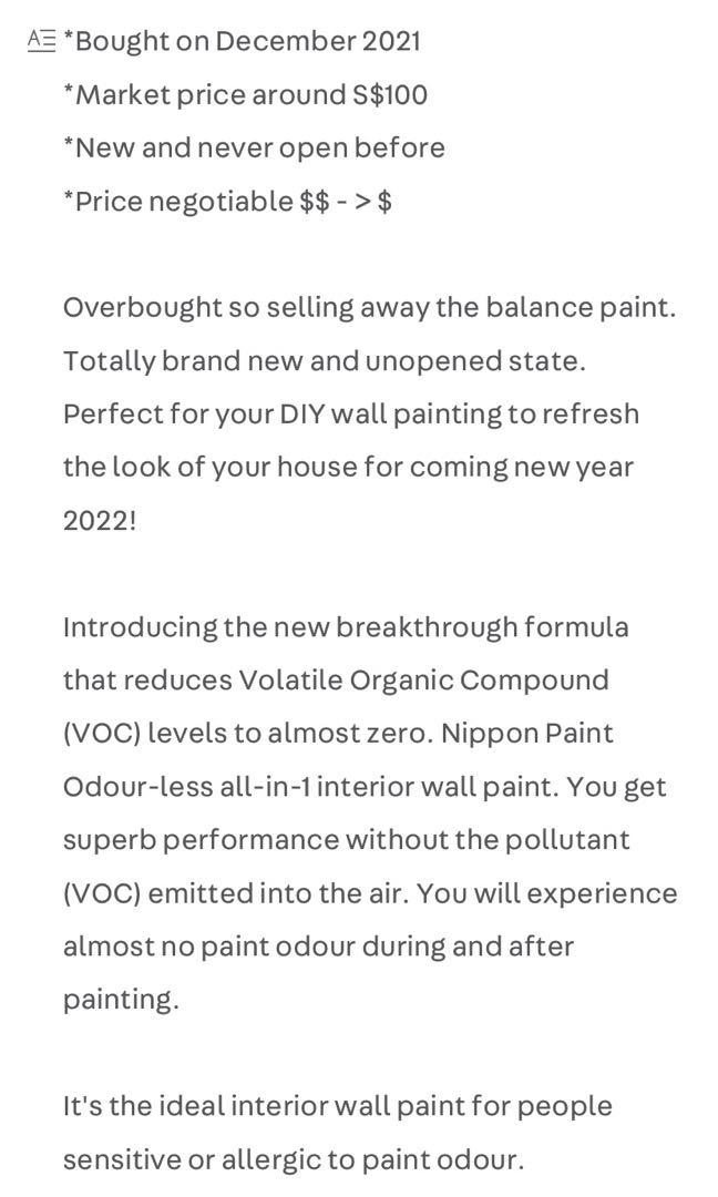 Nippon Paint Odour Less AllIn1 (Whispering White), Furniture & Home