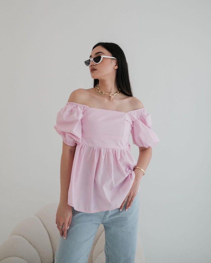 Off shoulder cotton top pink (smock di 