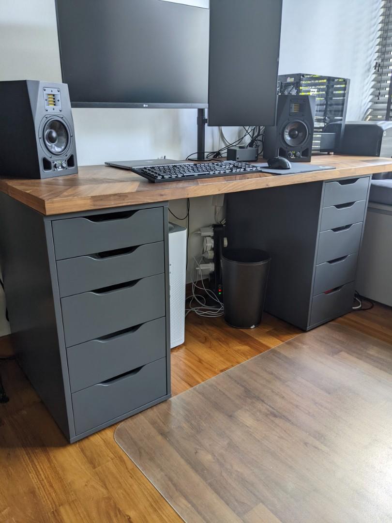 Preloved Ikea computer desk set up. ( Table + drawers), Furniture ...