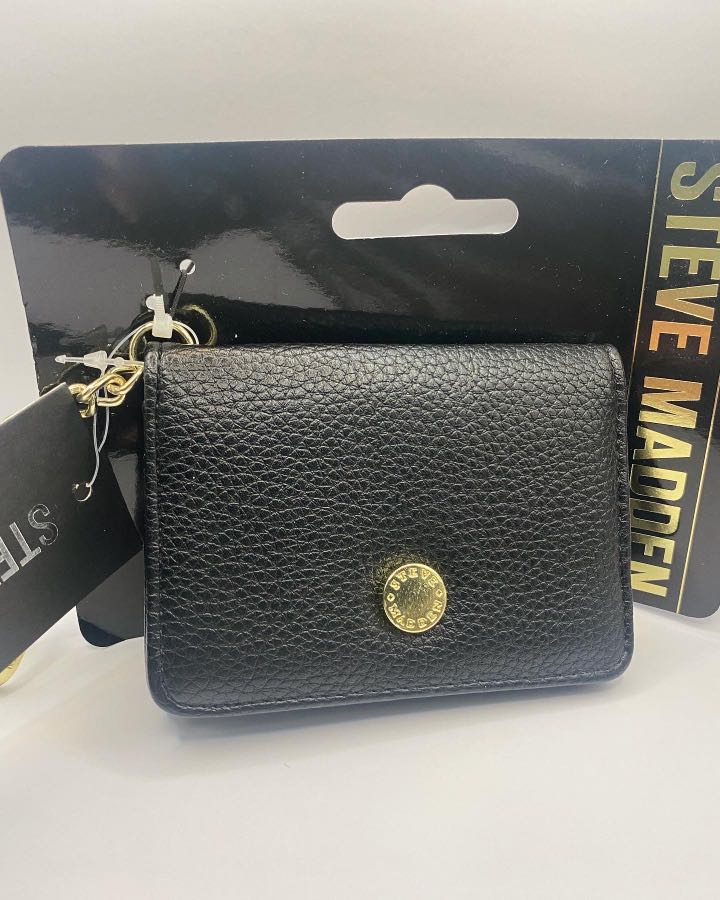 STEVE MADDEN BIFOLD PEGGED CARD CASE KEY RING WALLET Black Luxury