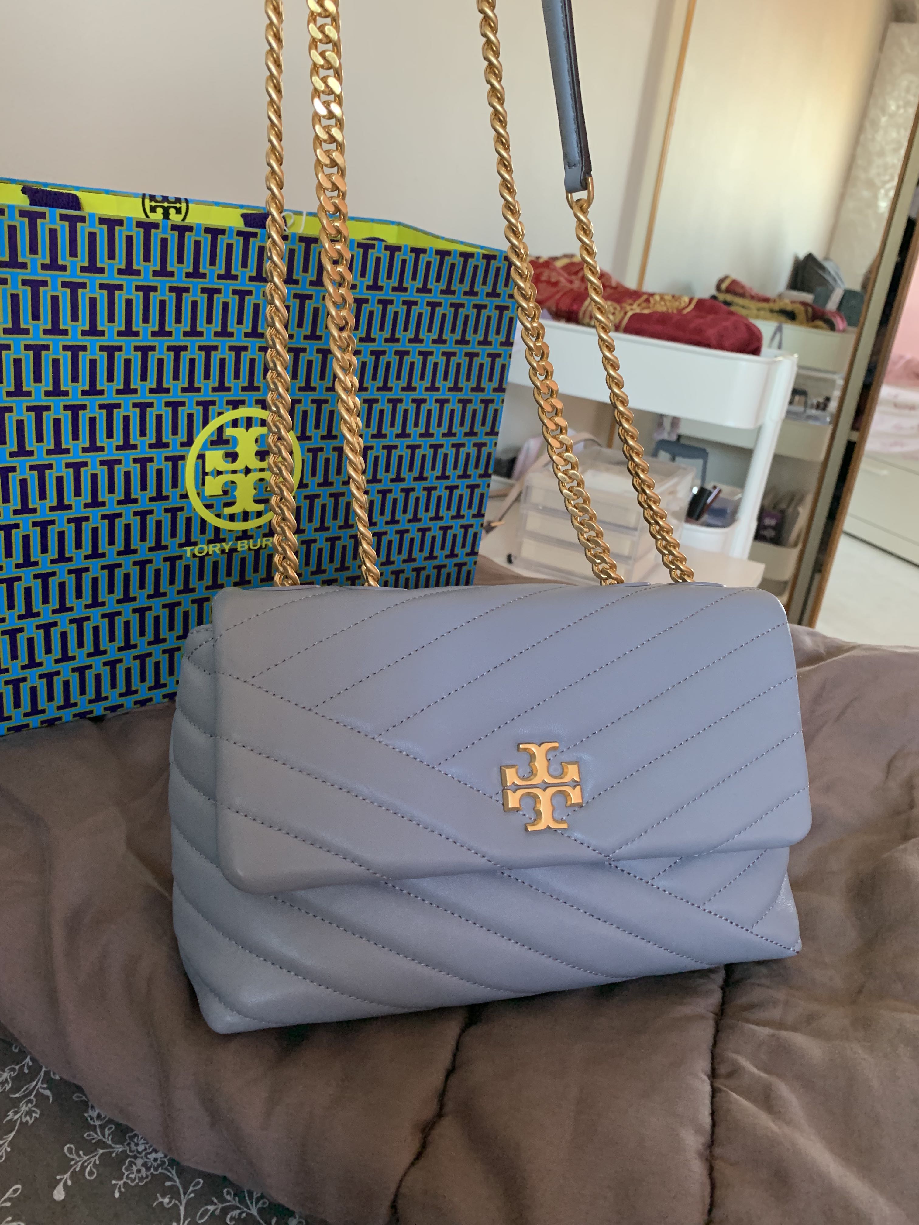 Tory Burch Kira Chevron Small Camera Bag in Cloud Blue Leather and