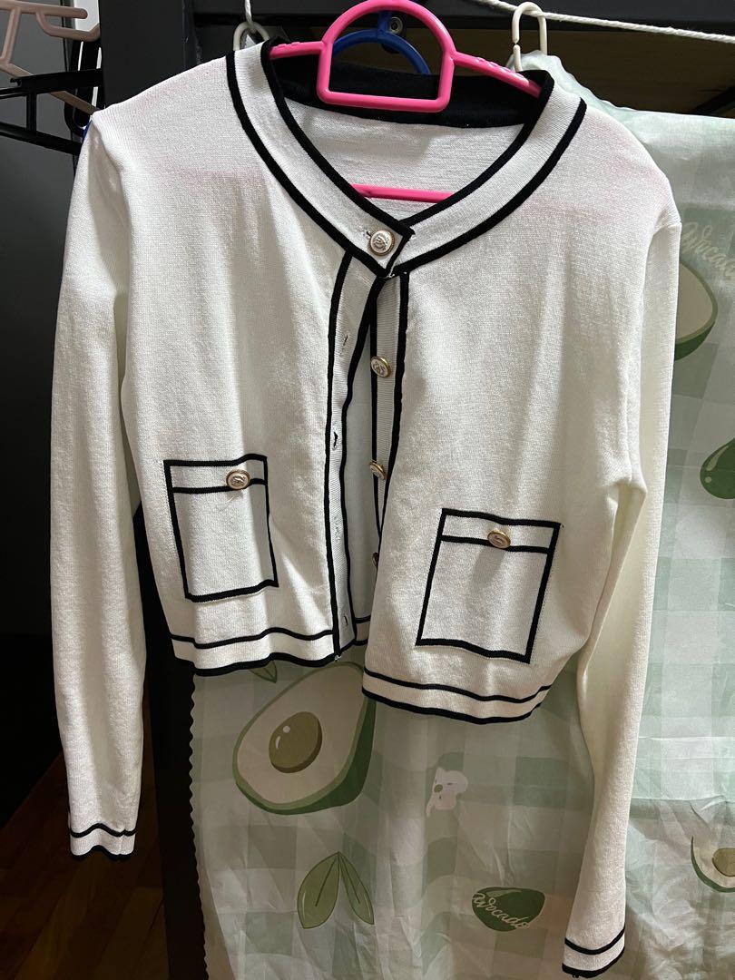 White black outline jennie chanel style crop button cardigan top