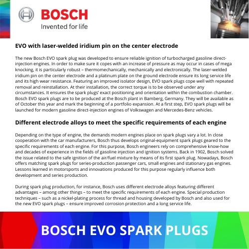 BOSCH EVO Spark Plugs for Mercedes A, B, C, CLA, GLA, GLC (set of 4 pcs