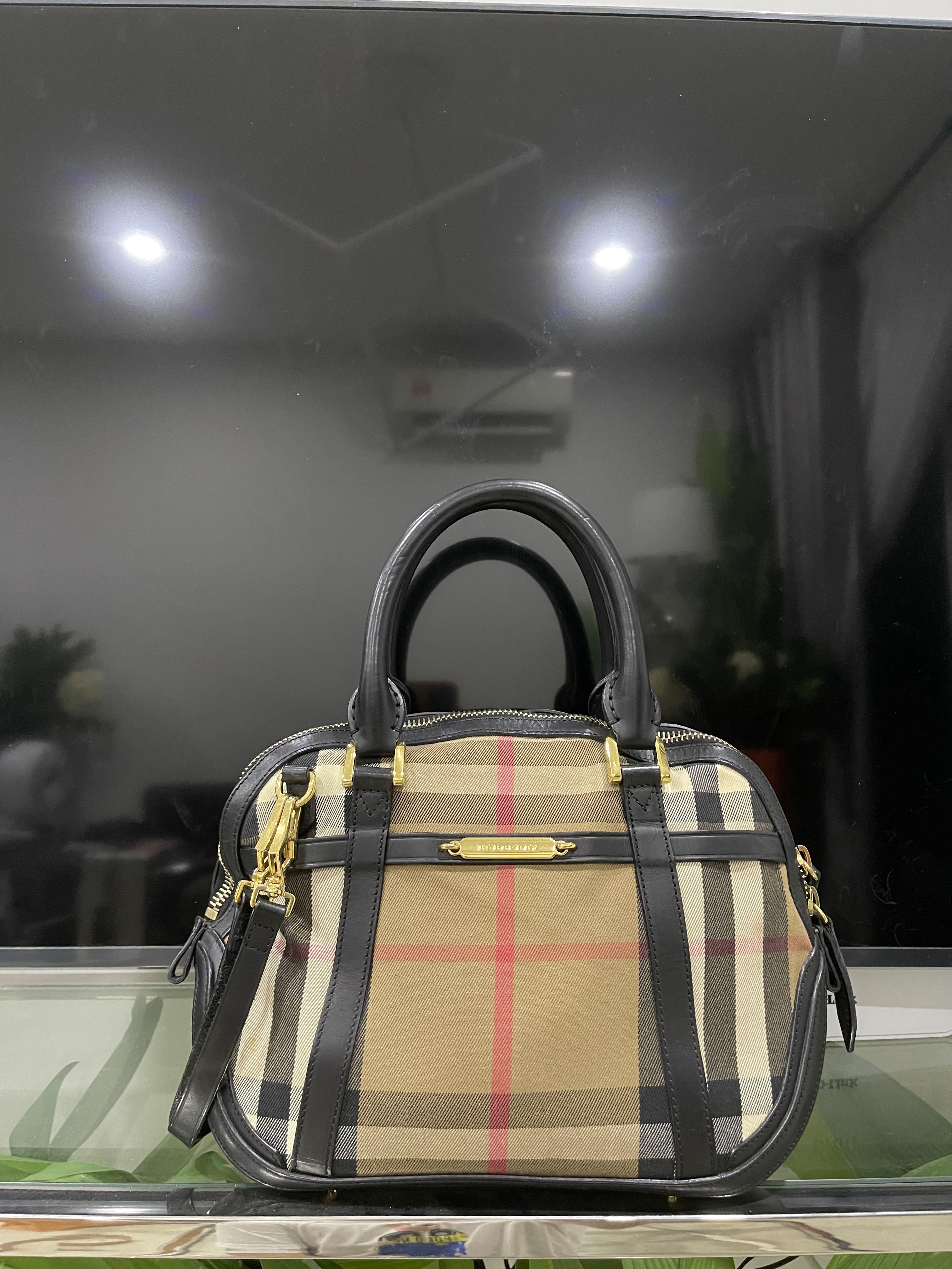 BURBERRY Haymarket Canvas/Chocolate Leather Small Orchard Bowling Bag,  Luxury, Bags & Wallets on Carousell