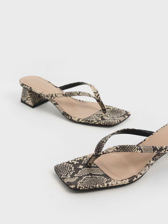 Charles Keith snake print thong heeled slipper sandals, Women's