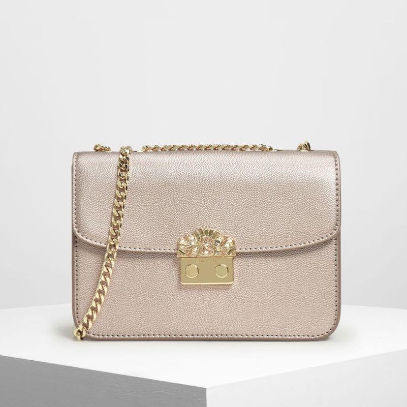 Charles Keith Embellished Push Lock Clutch in Rose Gold Women s