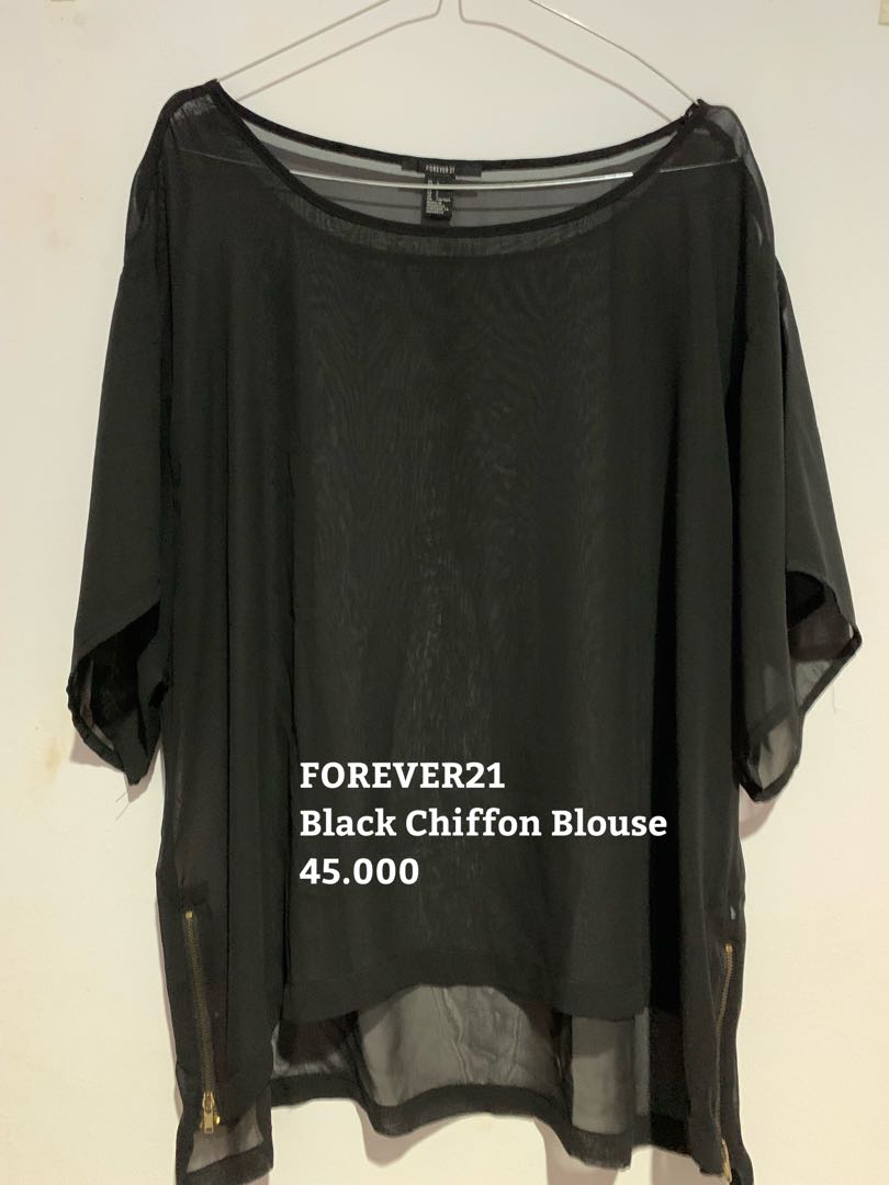 FOREVER21 Black Chiffon Blouse, Fesyen 