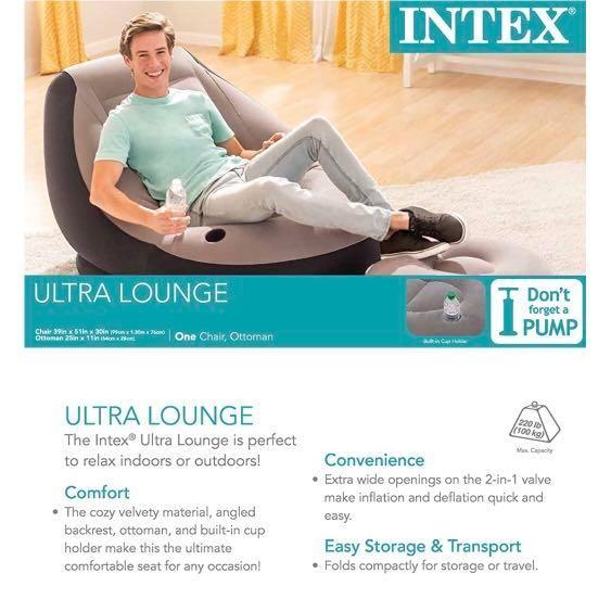 Intex inflatable ultra lounge chair with hotsell cup holder and ottoman set