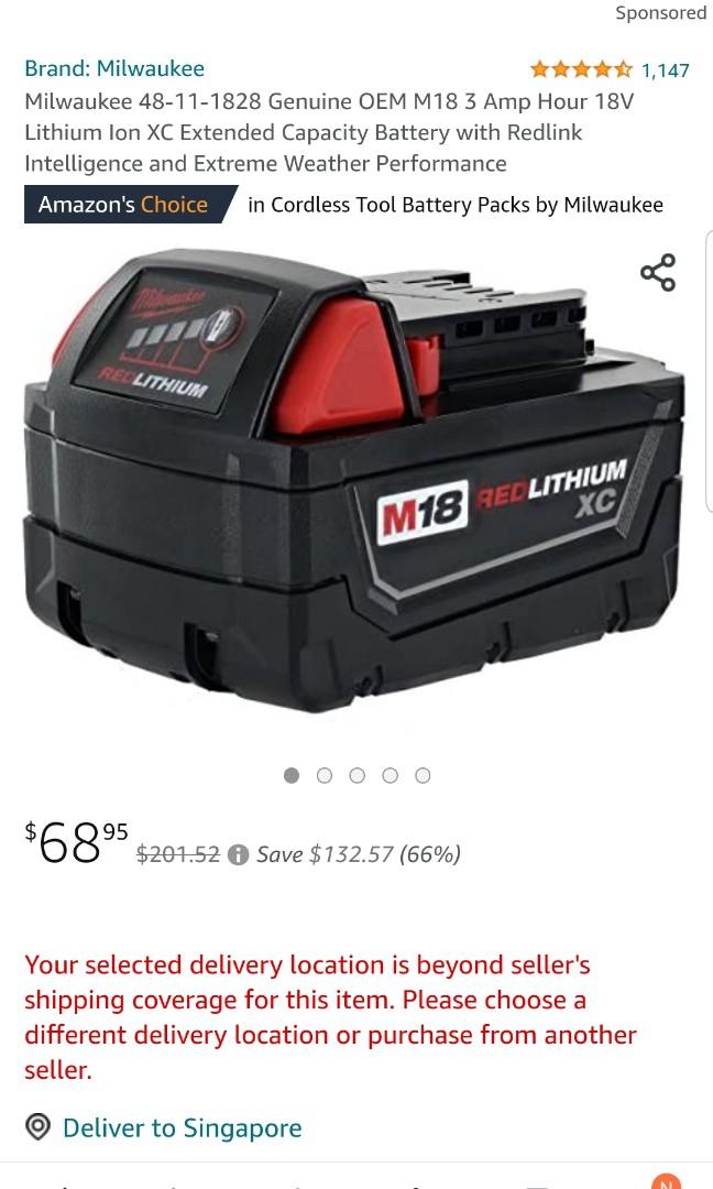 Milwaukee 48-11-1828 Genuine OEM M18 3 Amp Hour 18V Lithium Ion XC Extended  Capacity Battery with Redlink Intelligence and Extreme Weather Performance
