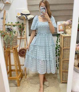 Puff Sleeve Smoked back Midi Dress in Powder Blue