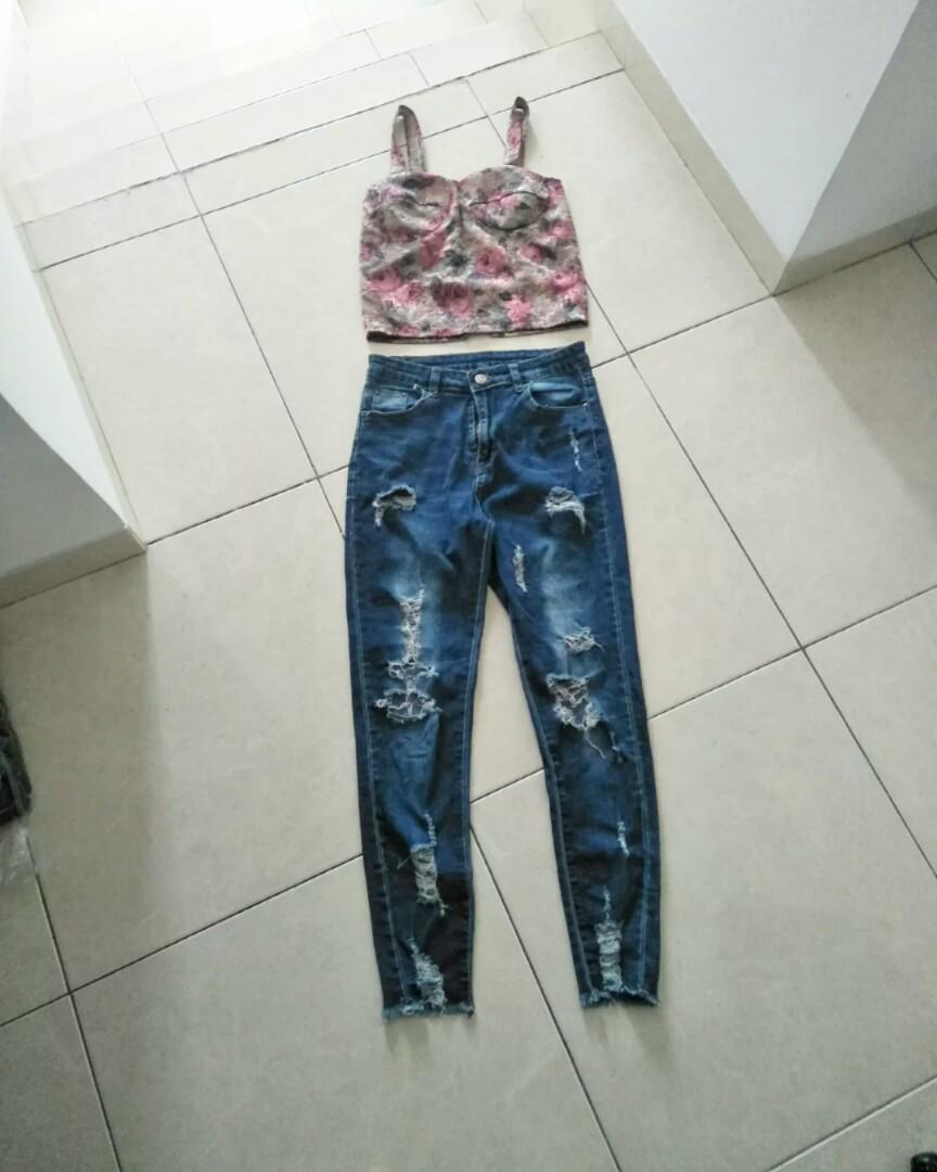 Ripped HW denim pants, Fesyen Wanita 