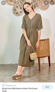 TCL Brook Linen Midi Dress Olive Oversized Loose Comfy