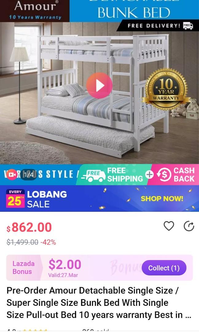 Triple bunk bed (pull out) + 3 foam mattresses, Furniture & Home Living