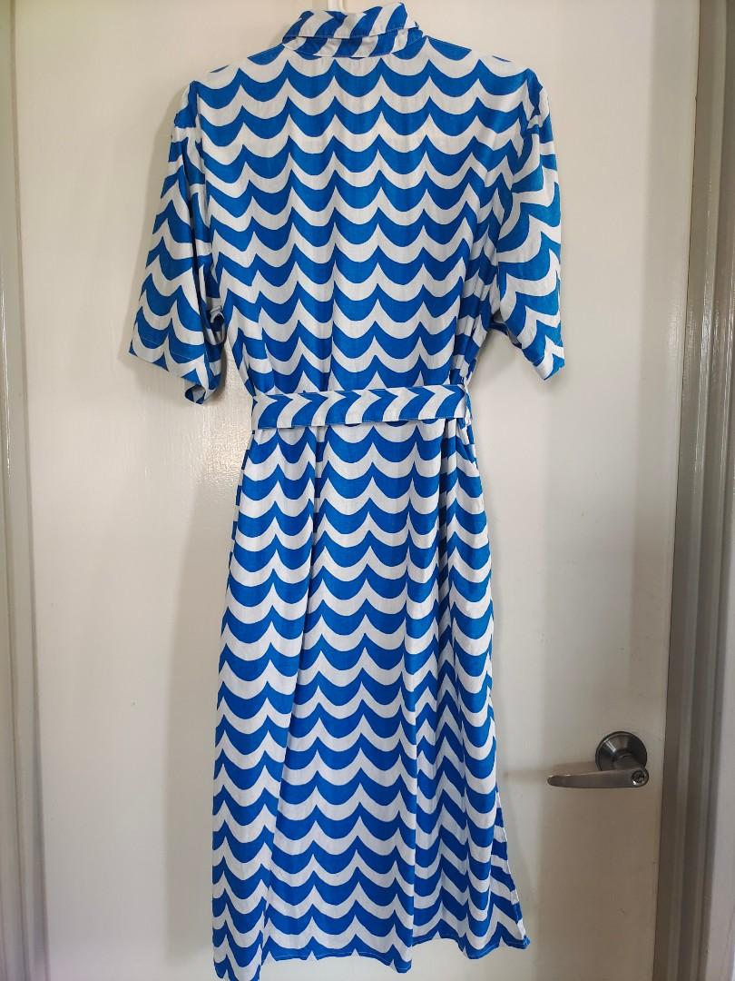 UNIQLO Marimekko Blue White Cotton Linen Blend Midi Shirt Dress