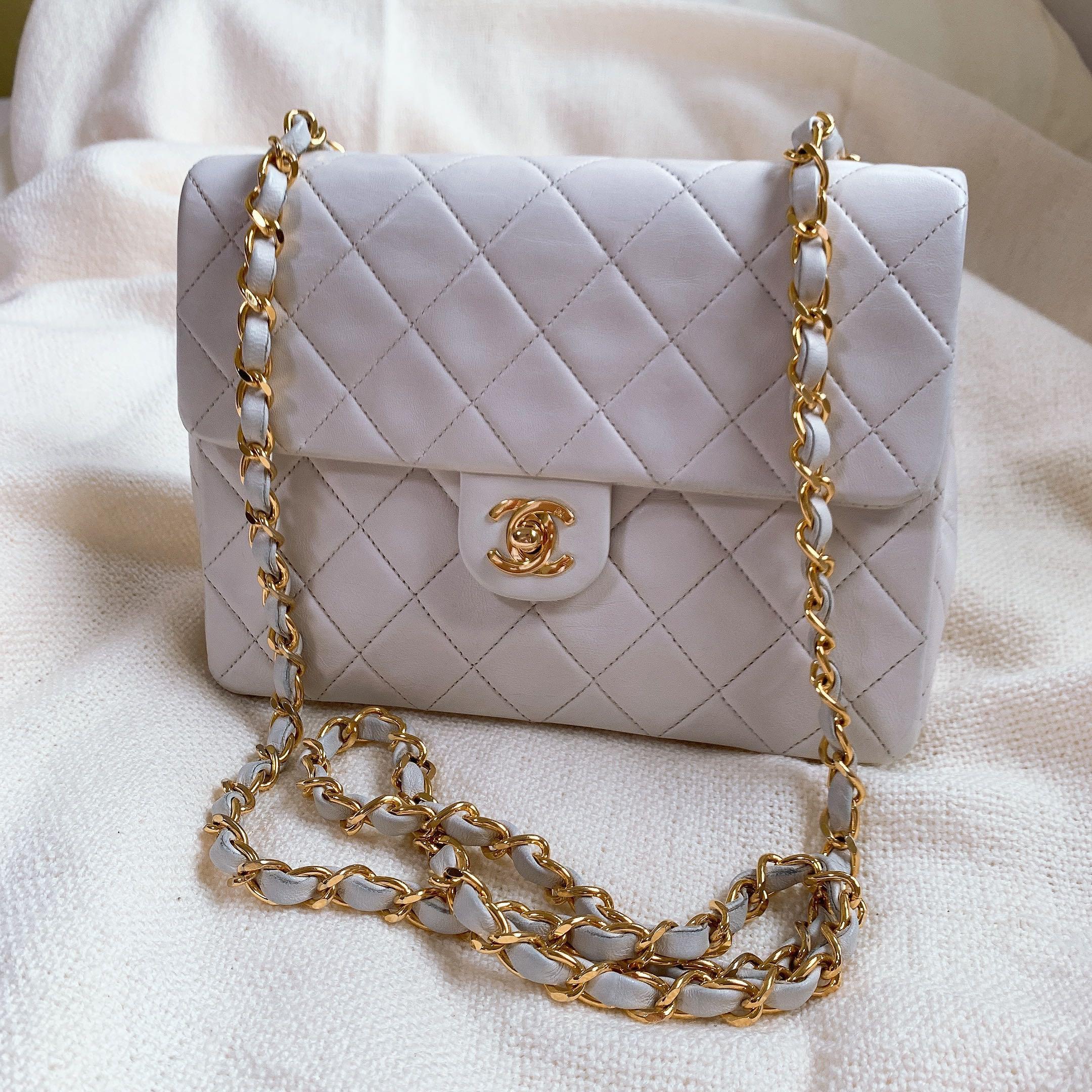 Vintage White Chanel Mini Square (20cm), Luxury, Bags & Wallets on Carousell