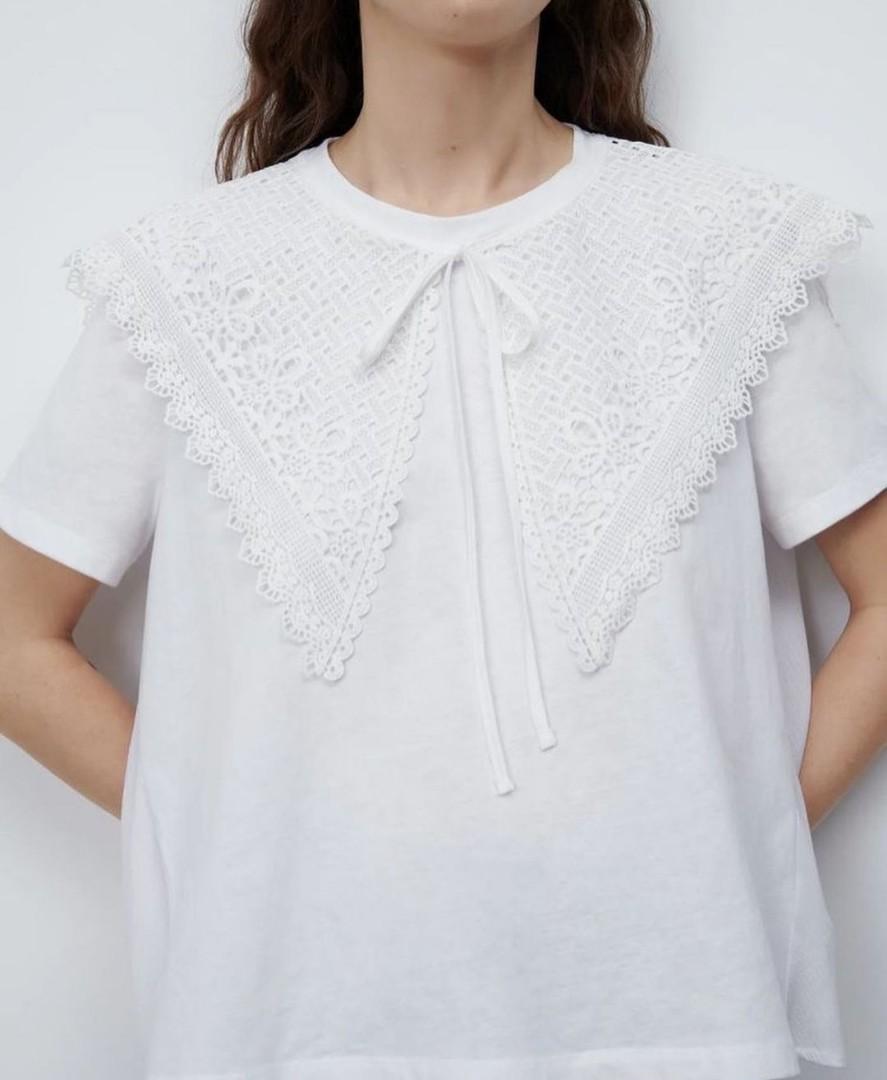 Zara white collar blouse top, Fesyen 