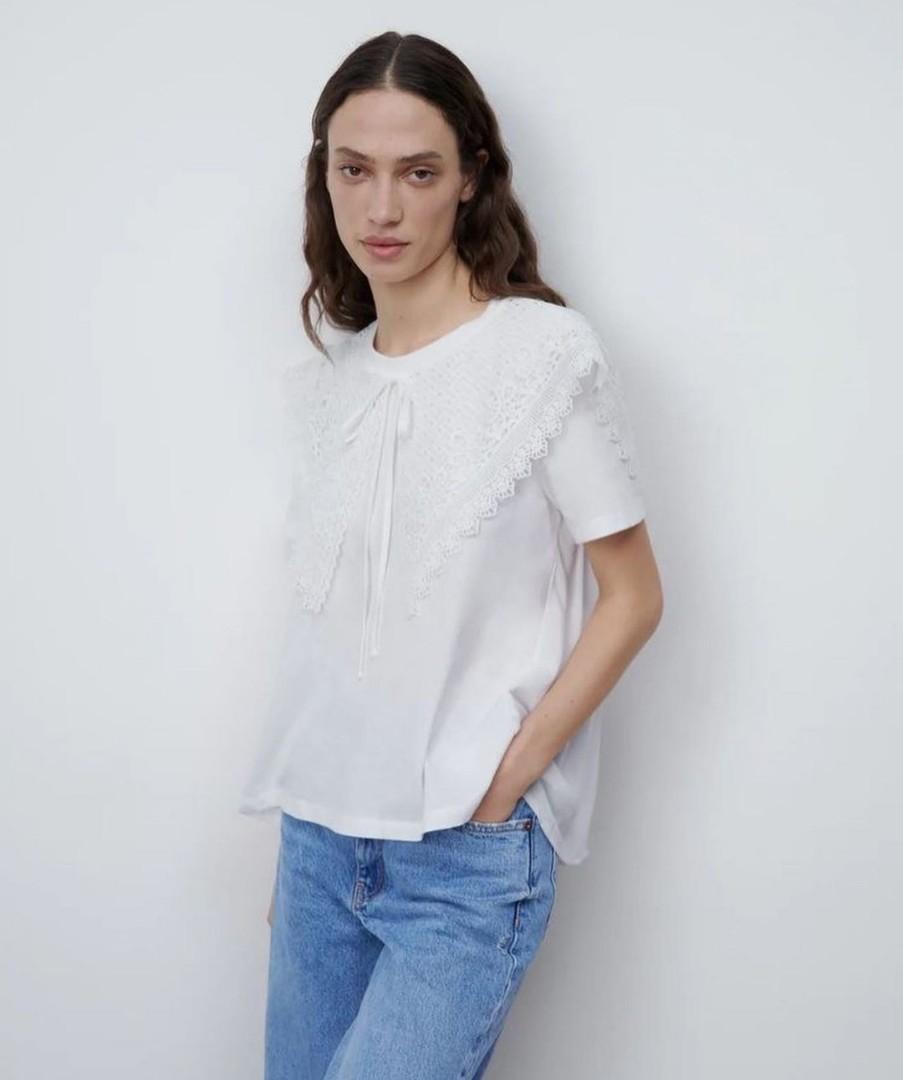 Zara white collar blouse top, Fesyen 