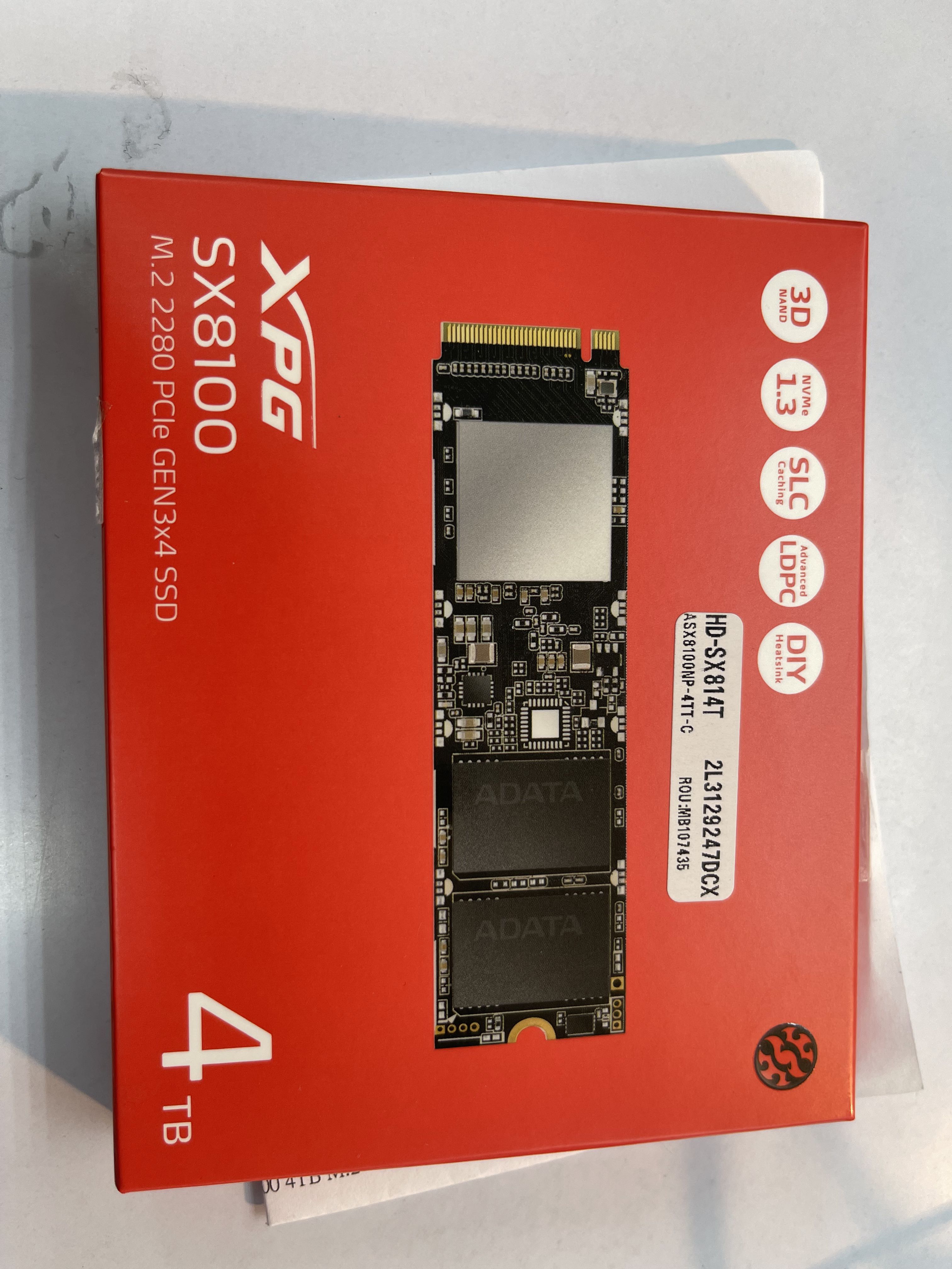 頂級配置Adata XPG SX8100 m.2 2280 PCIe Gen 3x4 SSD 4TB, 電腦＆科技