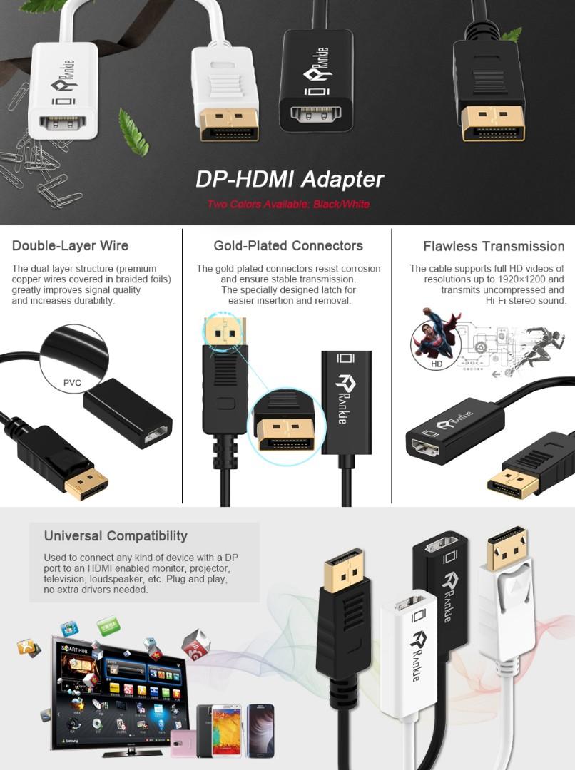 Rankie DisplayPort (DP) to HDMI Adapter, 4K Resolution Ready Converter with  Audio (Black)