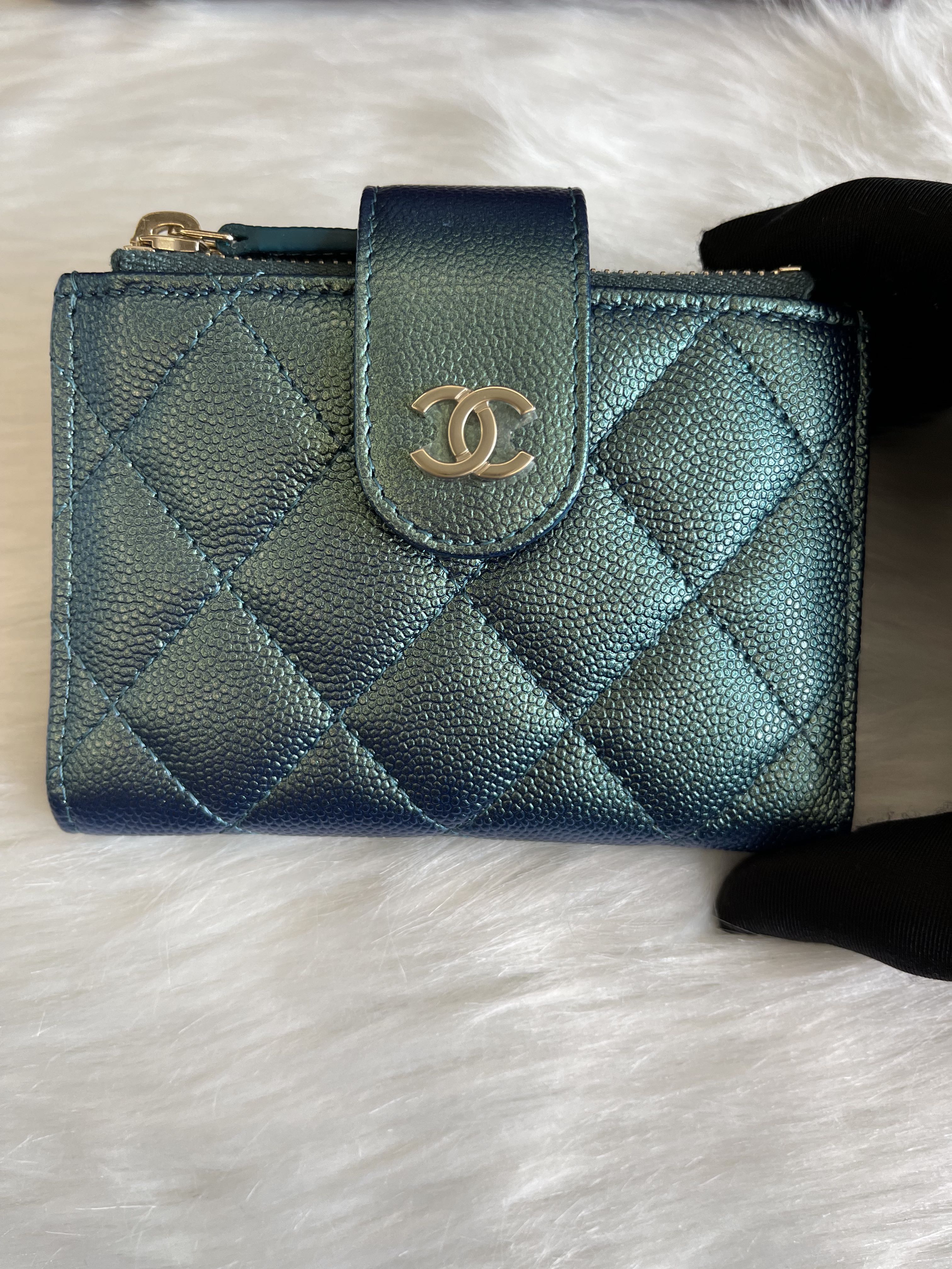 Chanel 22P Iridescent green Card Holder, Luxury, Bags & Wallets