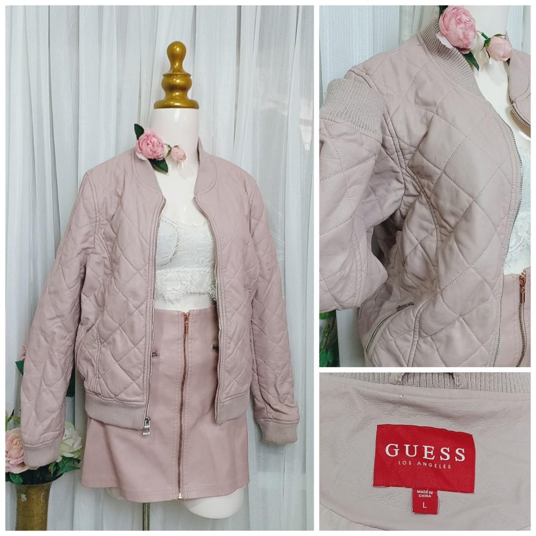 Guess Pink Quilted Leather Bomber Jacket Women s Fashion Coats