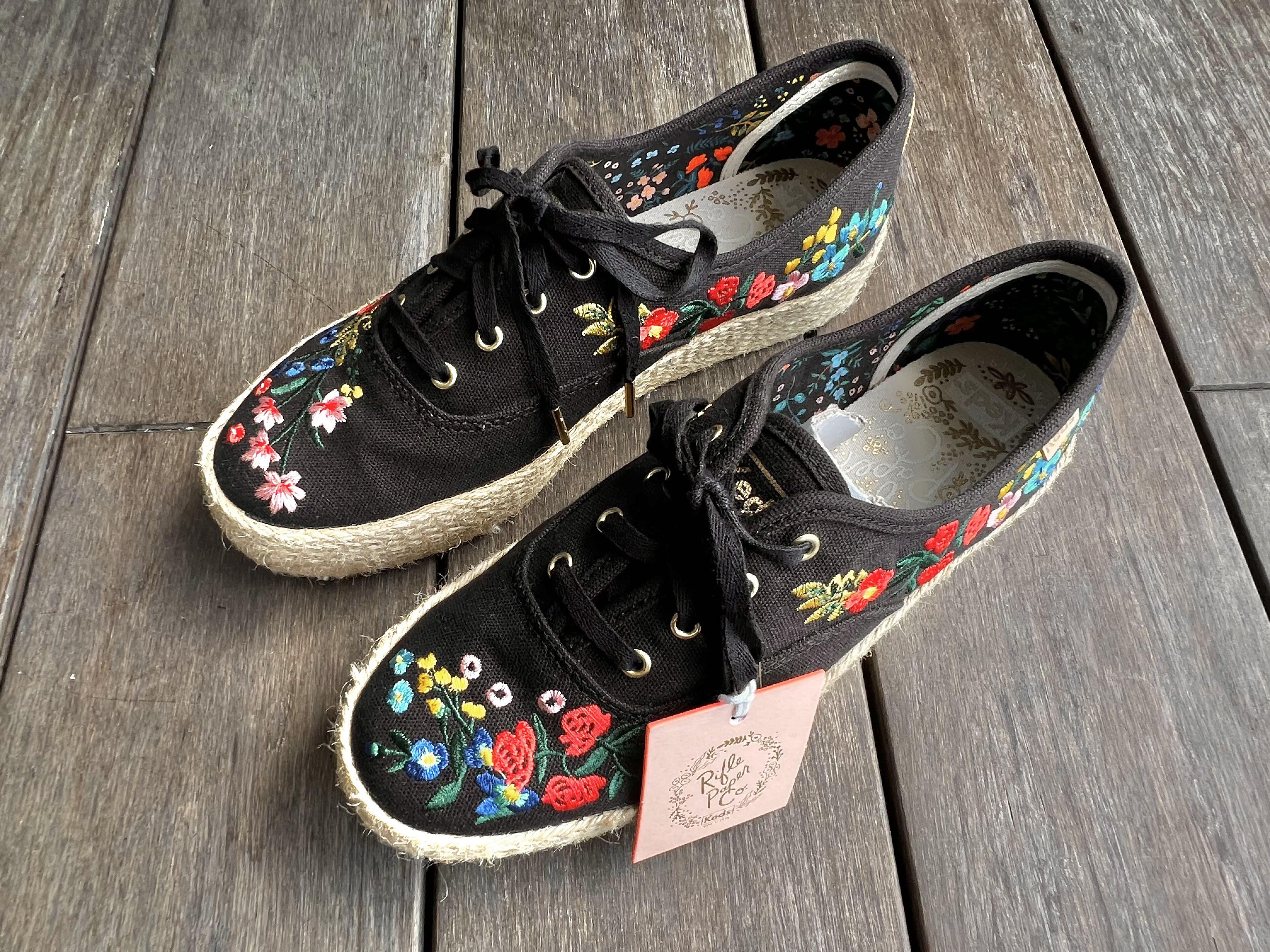 Keds x Rifle Paper Co Collaboration Triple decker Wildwood Embroidered Platform Black Floral Botanical Tropical Garden Party Espadrilles Flats Slip on