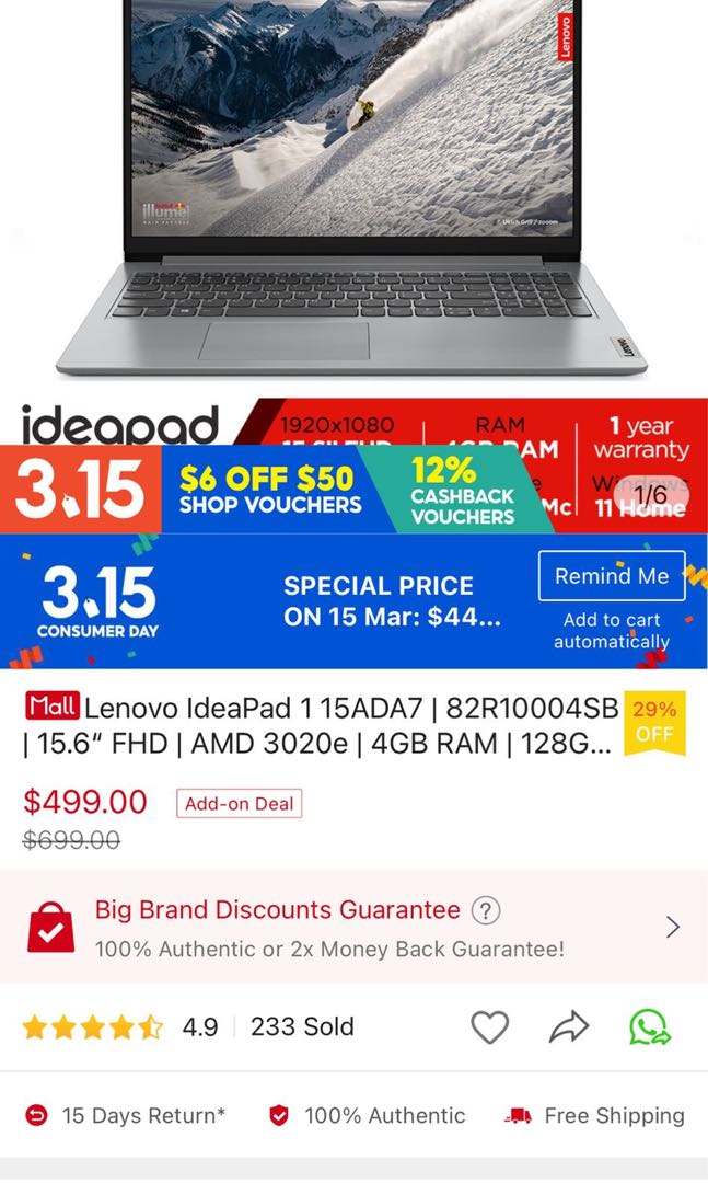 Lenovo IdeaPad 1 Series, Computers & Tech, Laptops & Notebooks on Carousell