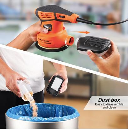 TACKLIFE 5 inch 13000RPM 2.4A Random Orbit Sander with 10 pcs Sandpapers and 3 Polishing Kit 6 Variable Speed and Efficient Dust Collection System