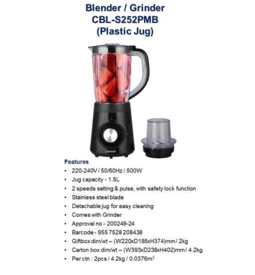 1.5L Jug Blender with Grinder High Speed Mixer in 500 Watt CBLS252PMB