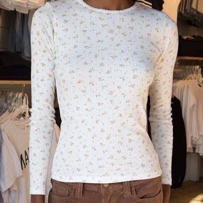 Brandy Melville Long Sleeve Cropped White Top Lace Edge Waffle Cotton