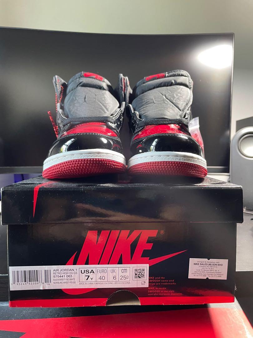 Air Jordan 1 Patent Bred GS, Men's Fashion, Footwear, Sneakers on Carousell
