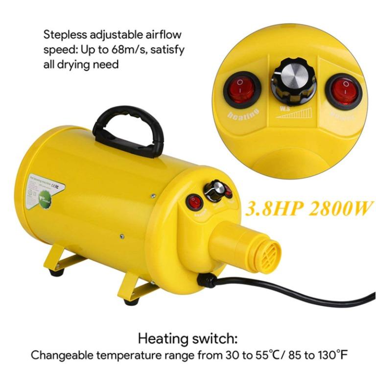 amzdeal Dog Dryer 2800W 3.8HP Stepless Adjustable Speed Dog Hair Dryer Dog Grooming Blower Pet Hair Force Blower Blaster with Heated System Spring