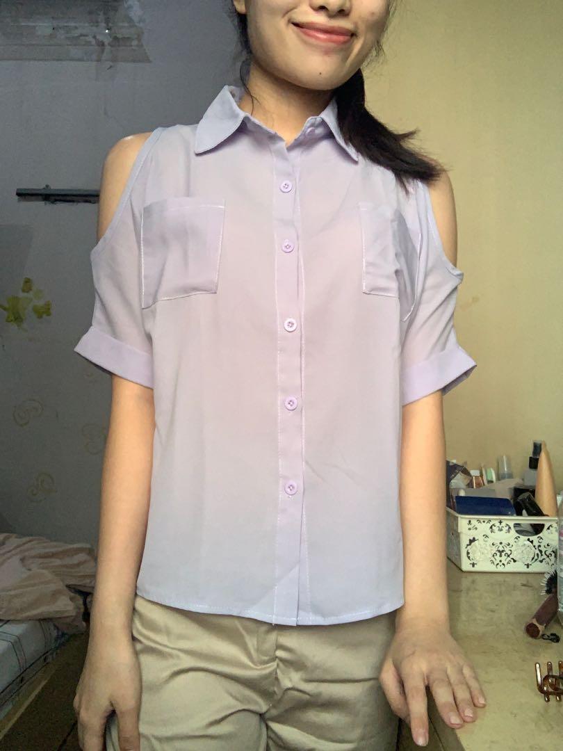 Becca Powder Blue Cut Out Shirt, Fesyen 