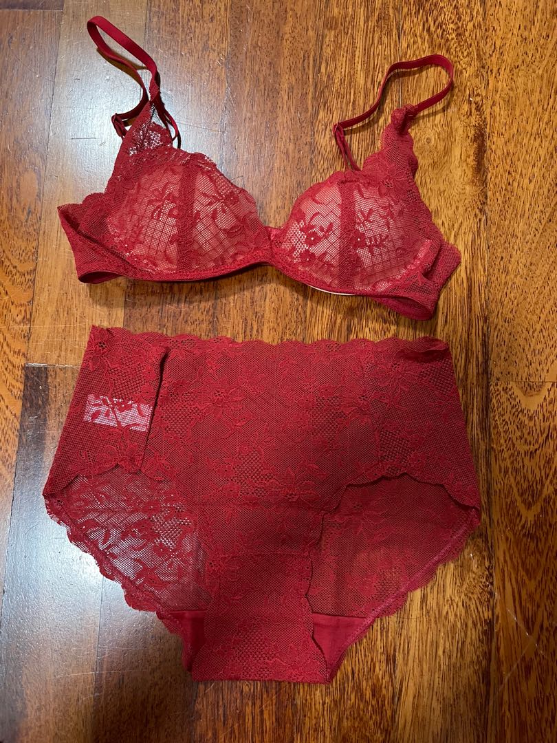 Burgundy Red Lace Bra & Panty Set, Women's Fashion, New