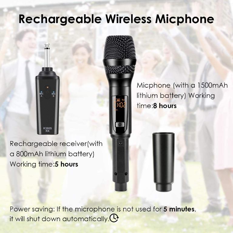 KITHOUSE K380S UHF Rechargeable Wireless Microphone Karaoke Mic Dual with  Receiver System Set - Professional Handheld Dynamic Cordless Microphone for