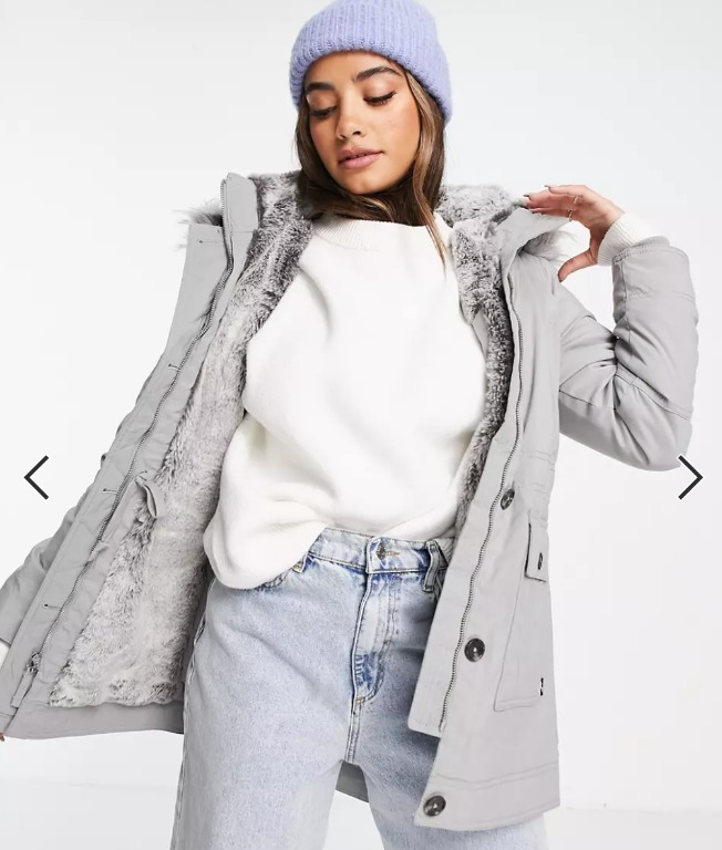 Hollister Padded Parka With Faux Fur Hood in Grey Camo