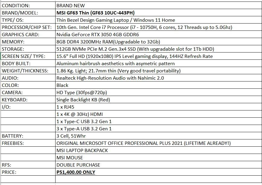 MSI Gaming Laptop GF63 Thin GF63 10UC 443PH Computers Tech 