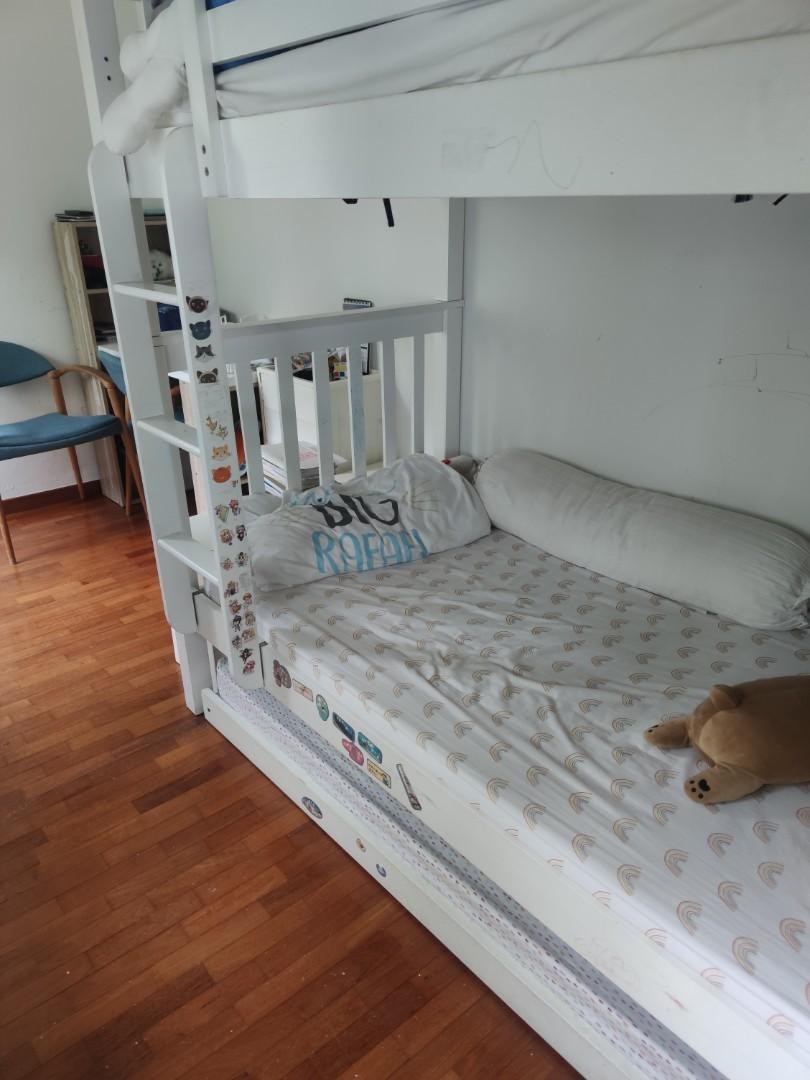 Triple bunk bed (pull out) + 3 foam mattresses, Furniture & Home Living