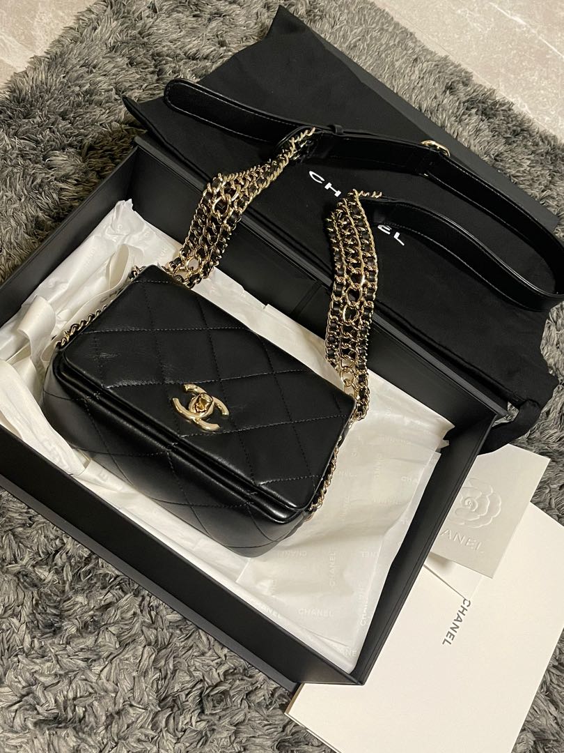 Chanel 22P Triple Chain Mini Flap Bag in Black Lambskin, Luxury, Bags &  Wallets on Carousell